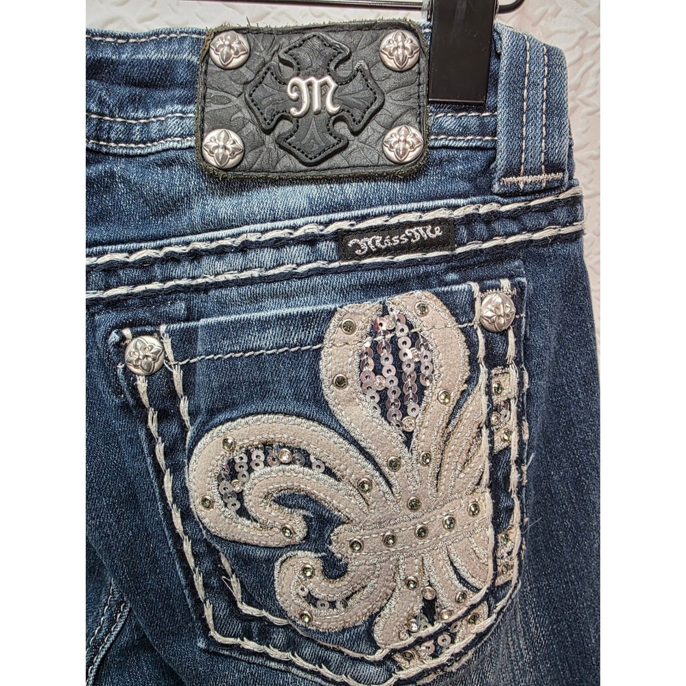Miss Me Easy Boot Jeans Women 27 Dark Blue Good Fleur De Lis Sequin JE6099E3R